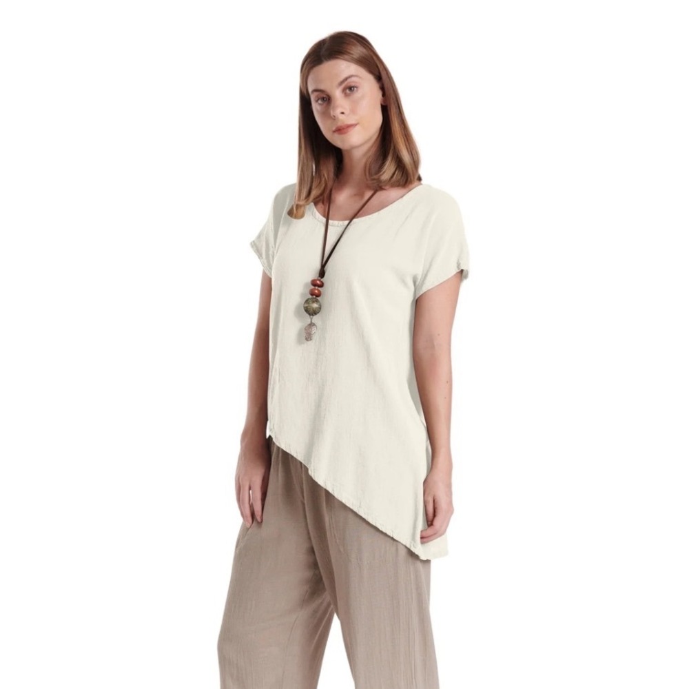 Oh My Gauze! Cream Cottonβ Asymmetrical Hem Short Sleeve Top Size 1 S/M Boho